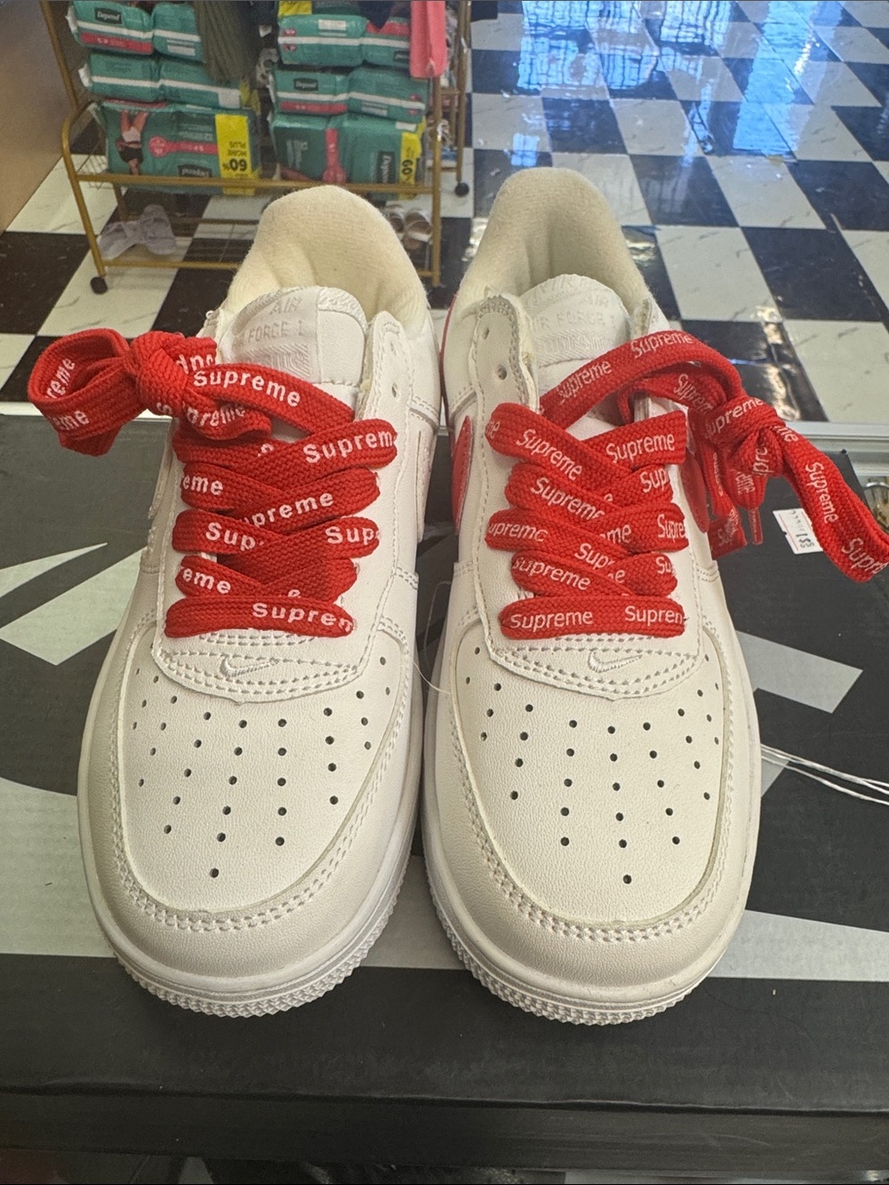Supreme Kids White Sneakers with Red Logo Laces